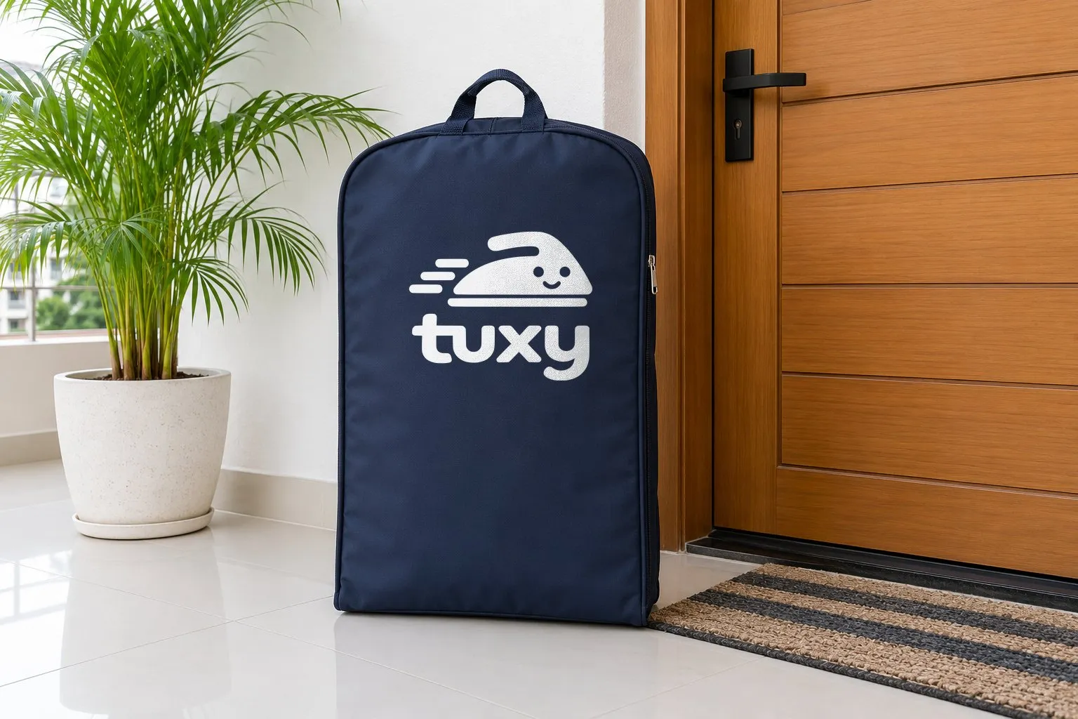 A navy Tuxy garment bag beside a honey-brown door with horizontal grooves and a black handle on a white wall, with a potted areca palm and a striped cotton doormat.