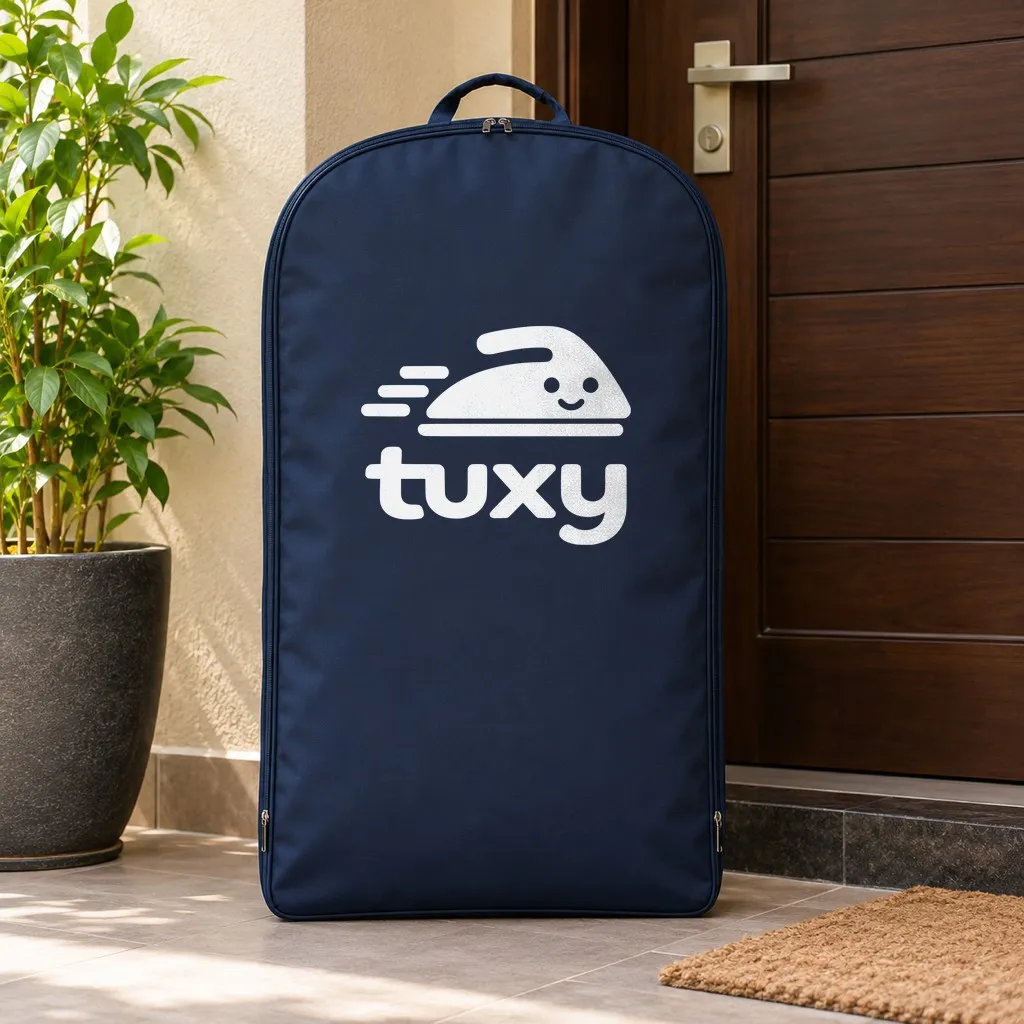 A navy Tuxy garment bag standing beside a dark wooden apartment door, with a potted plant and a coir doormat.