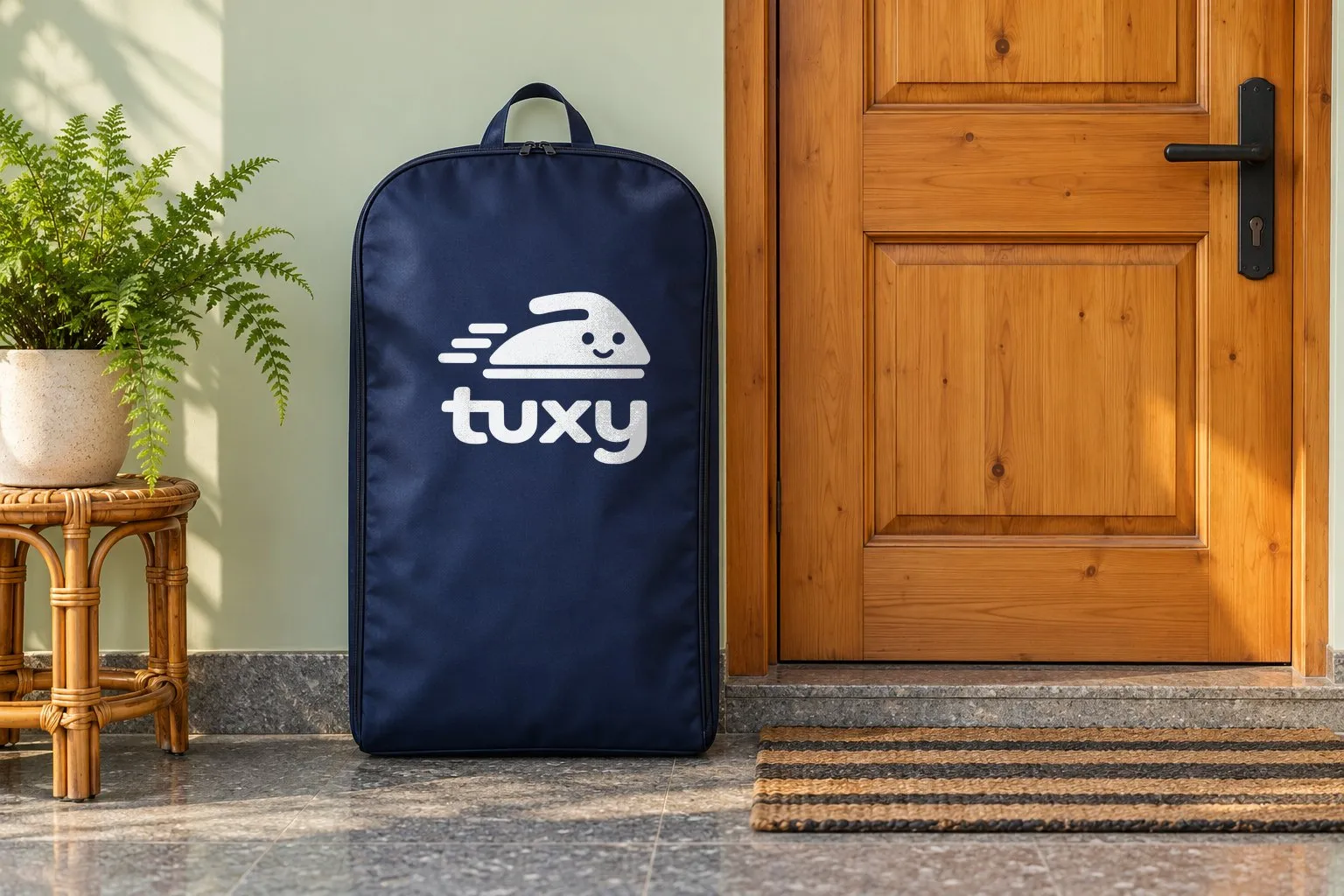 A navy Tuxy garment bag beside a natural pine door with an iron handle on a light mint wall, with a small cane stool with a potted fern and a striped cotton doormat.