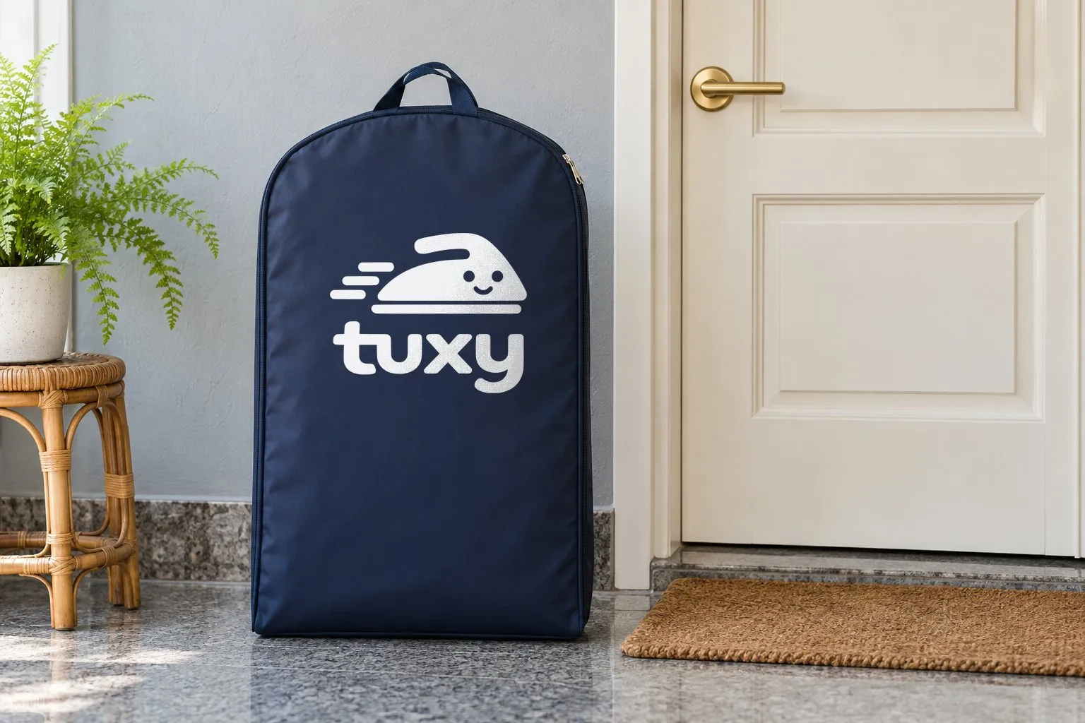A navy Tuxy garment bag beside a cream door with a gold lever handle on a pale grey wall, with a small cane stool with a potted fern and a coir doormat.