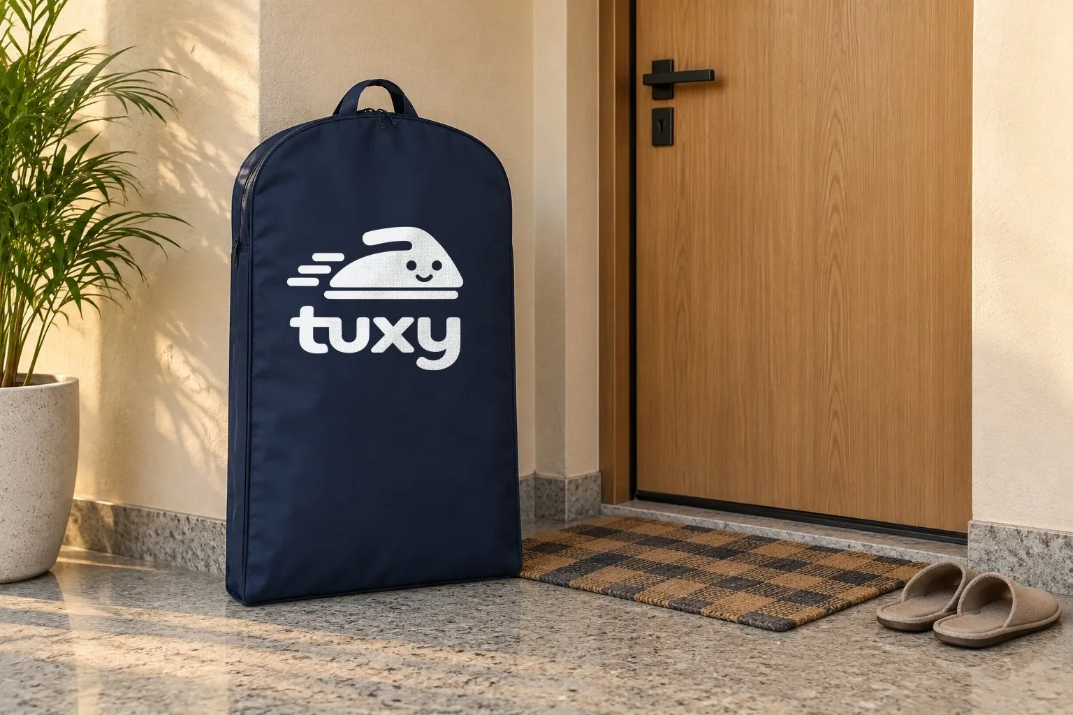 A navy Tuxy garment bag beside a pale oak door with a matt black handle on a beige wall, with a pair of slippers placed neatly together and a checked cotton doormat.
