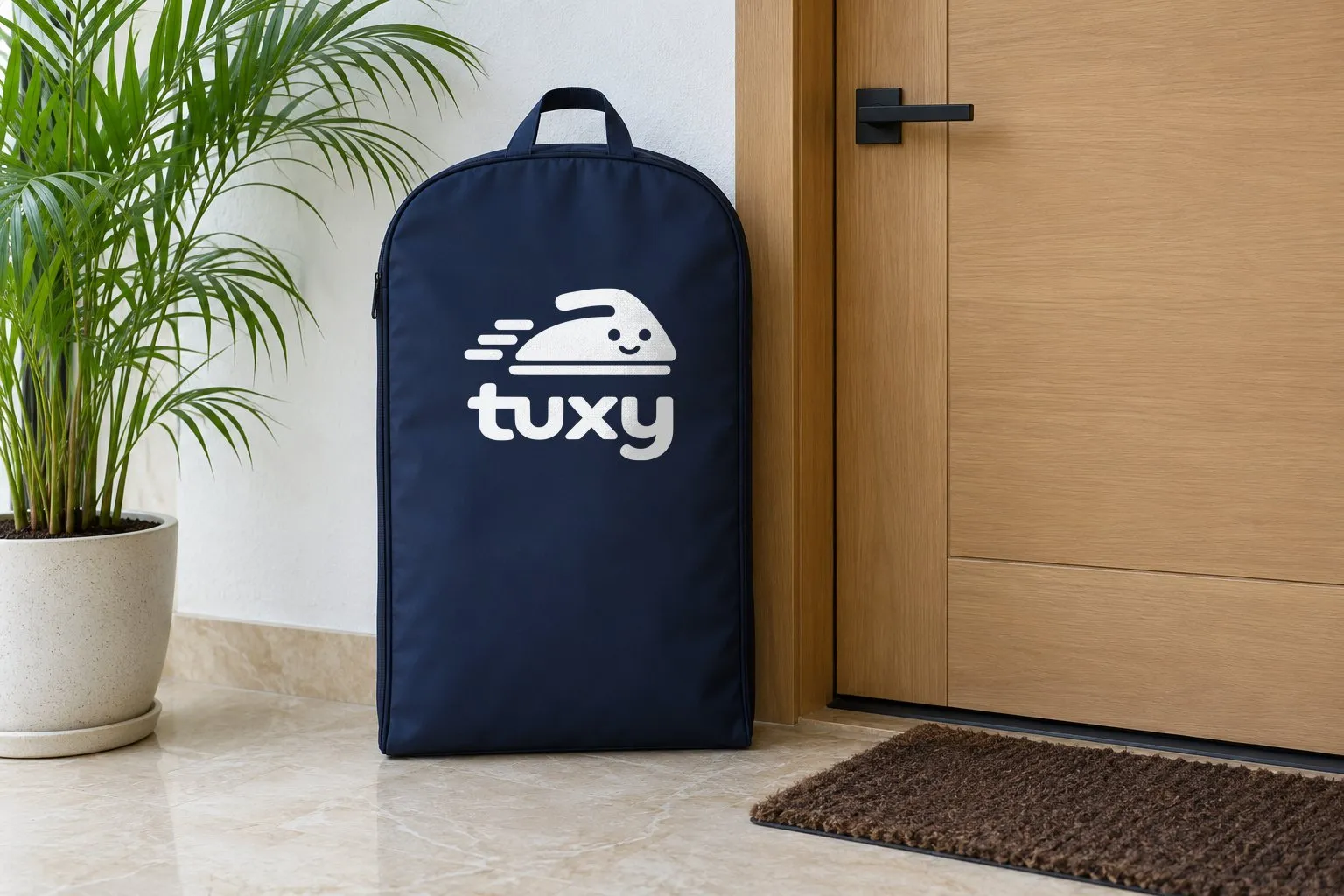 A navy Tuxy garment bag beside a pale oak door with a matt black handle on a white wall, with a potted areca palm and a dark brown bristle doormat.