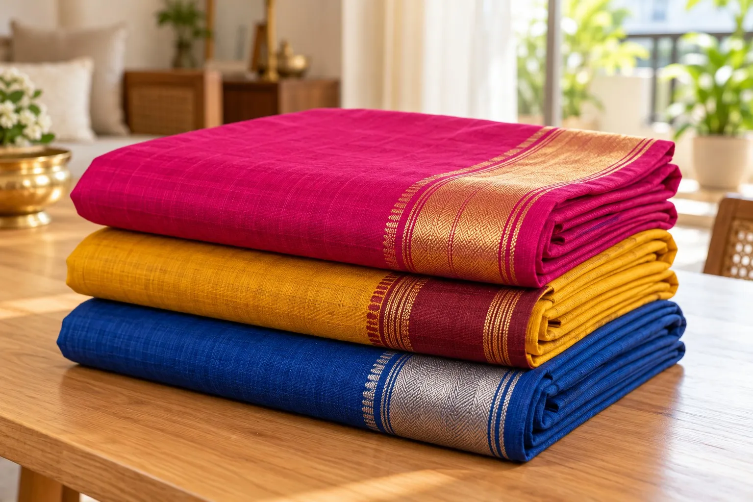 Neatly folded sarees with patterned borders