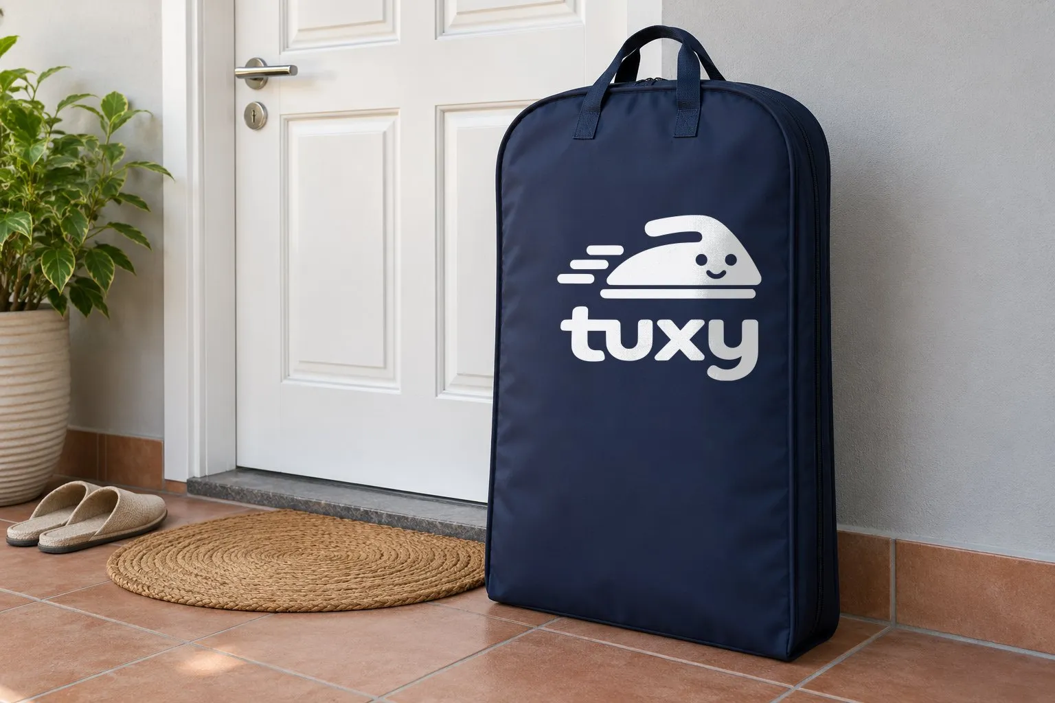 A navy Tuxy garment bag beside a white-painted panelled door with a chrome handle on a pale grey wall, with a pair of slippers placed neatly together and a round woven doormat.